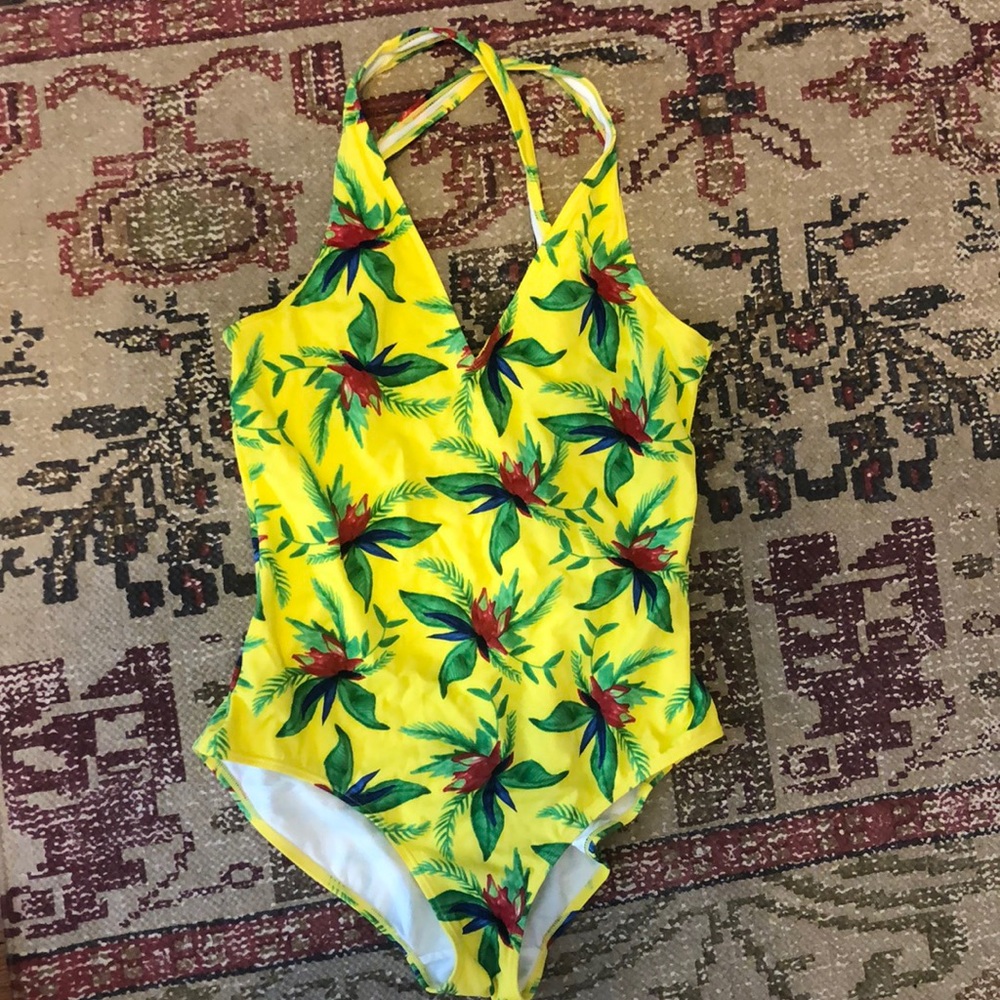 NWOT one piece cross-back bathing suit in yellow